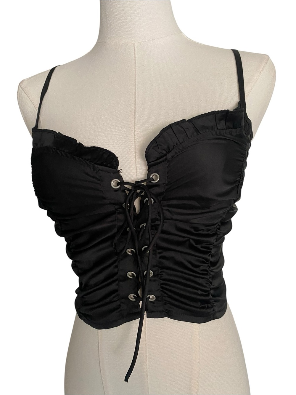 Cider Black Satin Lace-Up Ruched Bustier Crop Top